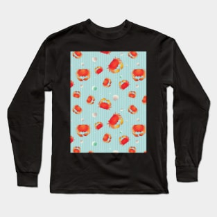 Red Crabs Pattern on Blue Long Sleeve T-Shirt